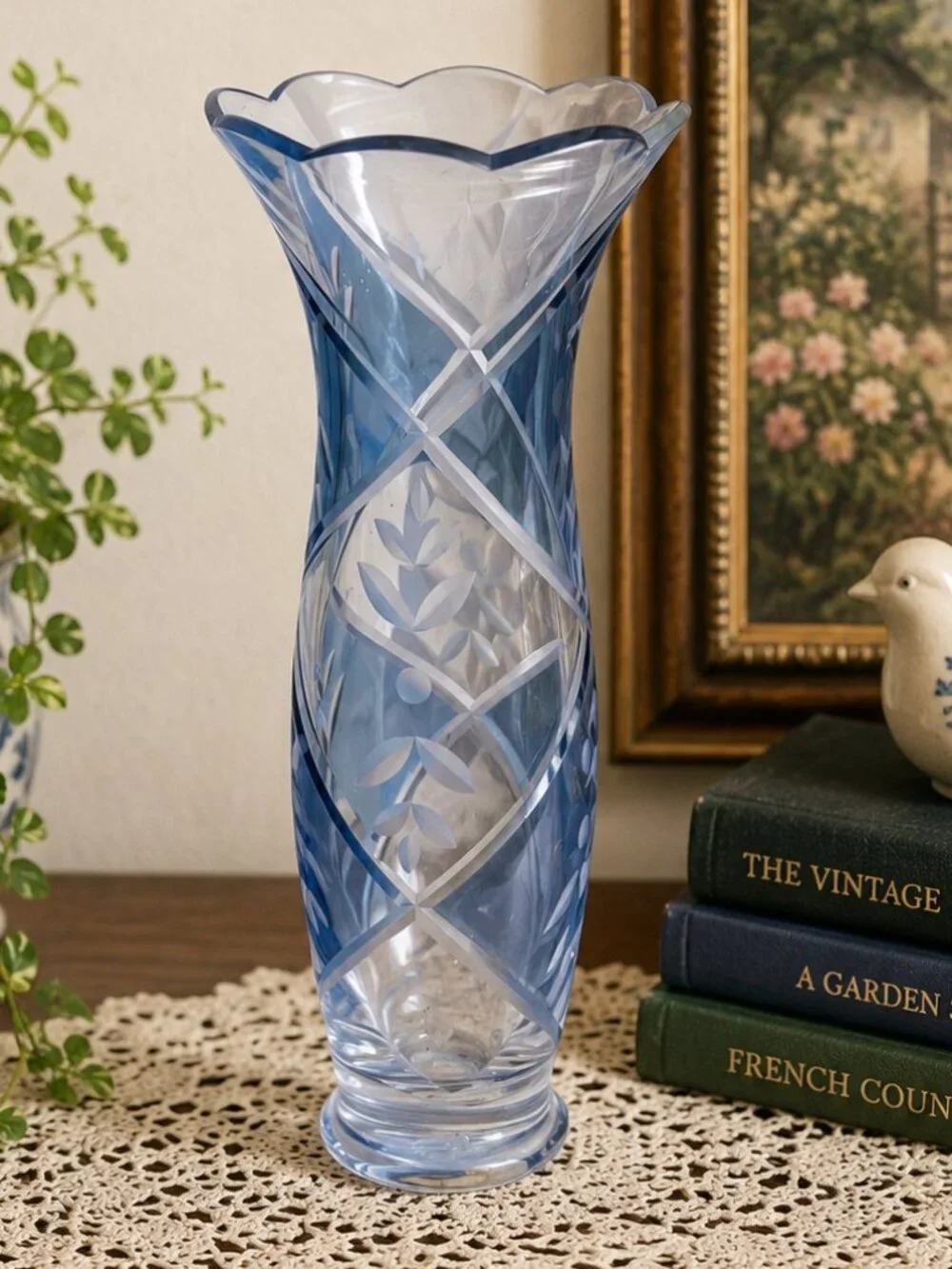 Vintage Bohemian Czech Blue Cut to Clear Art Glass Vase Scalloped 9